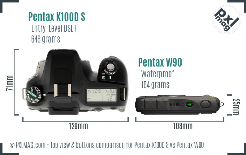 Pentax K100D S vs Pentax W90 top view buttons comparison