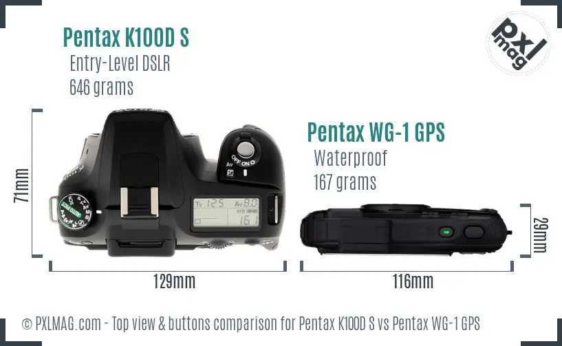 Pentax K100D S vs Pentax WG-1 GPS top view buttons comparison