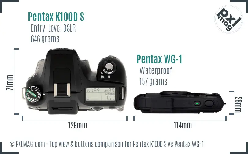 Pentax K100D S vs Pentax WG-1 top view buttons comparison