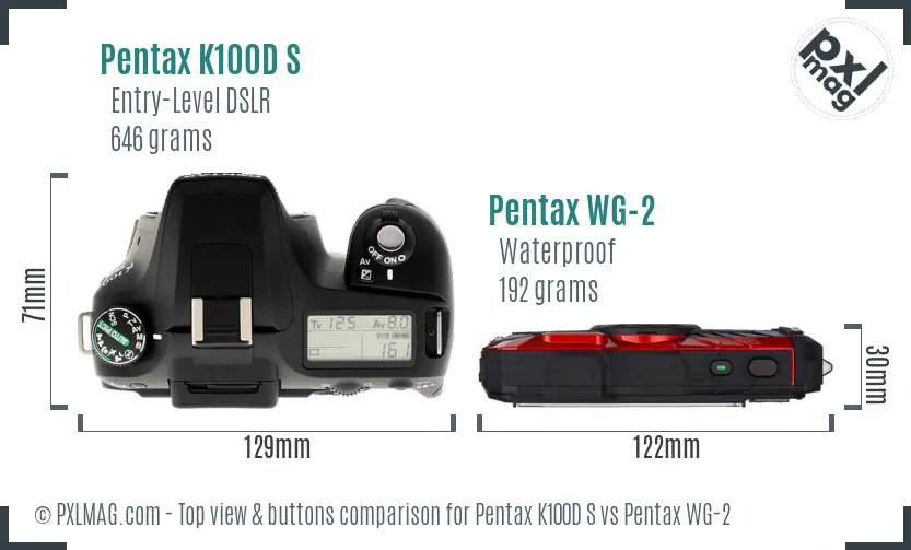 Pentax K100D S vs Pentax WG-2 top view buttons comparison