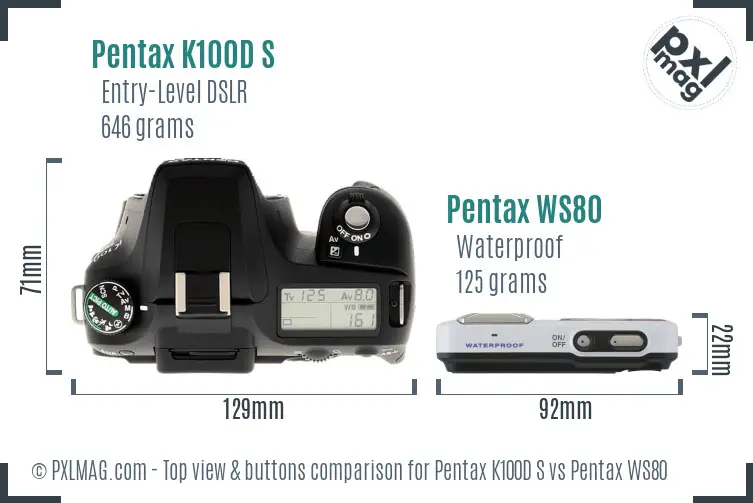 Pentax K100D S vs Pentax WS80 top view buttons comparison