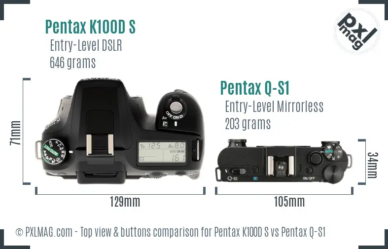 Pentax K100D S vs Pentax Q-S1 top view buttons comparison