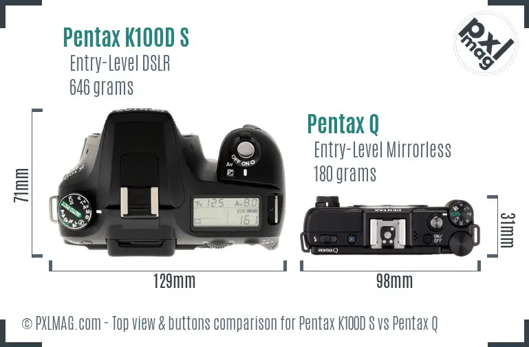Pentax K100D S vs Pentax Q top view buttons comparison