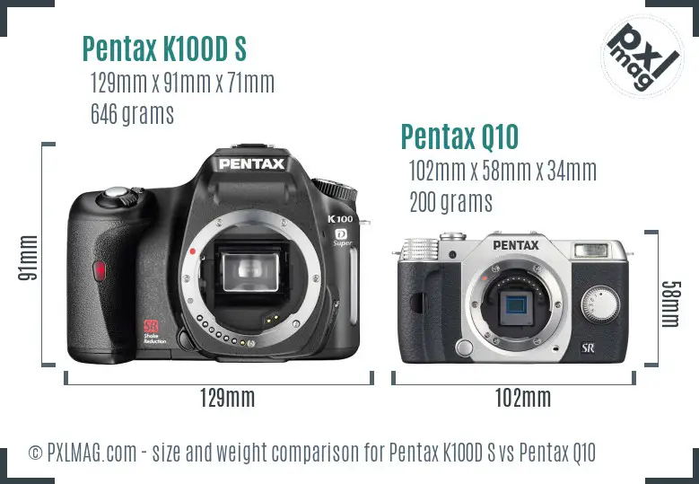 Pentax K100D S vs Pentax Q10 size comparison