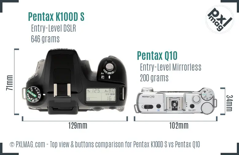 Pentax K100D S vs Pentax Q10 top view buttons comparison