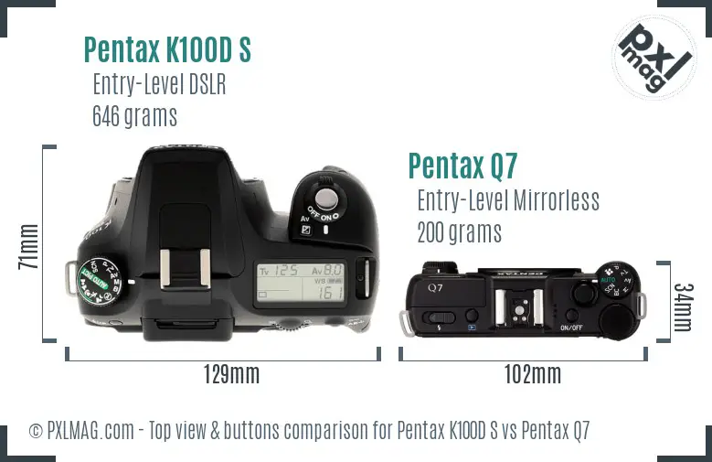 Pentax K100D S vs Pentax Q7 top view buttons comparison