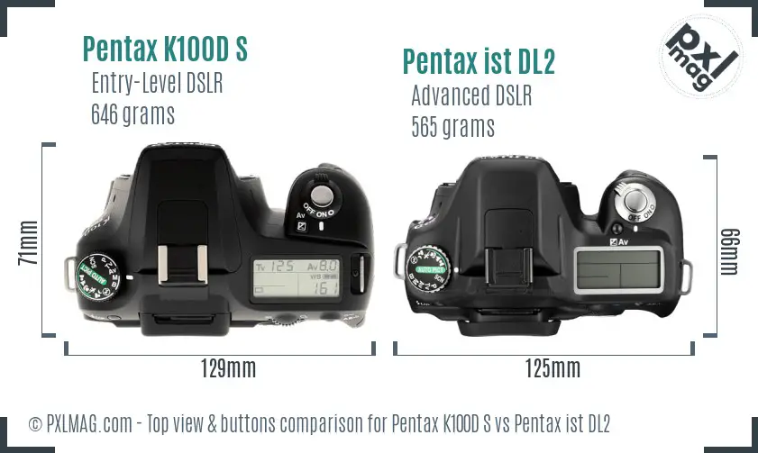 Pentax K100D S vs Pentax ist DL2 top view buttons comparison