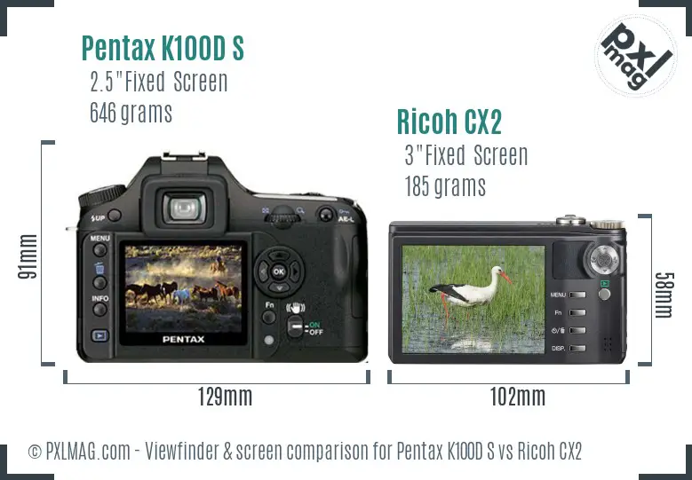 Pentax K100D S vs Ricoh CX2 Screen and Viewfinder comparison