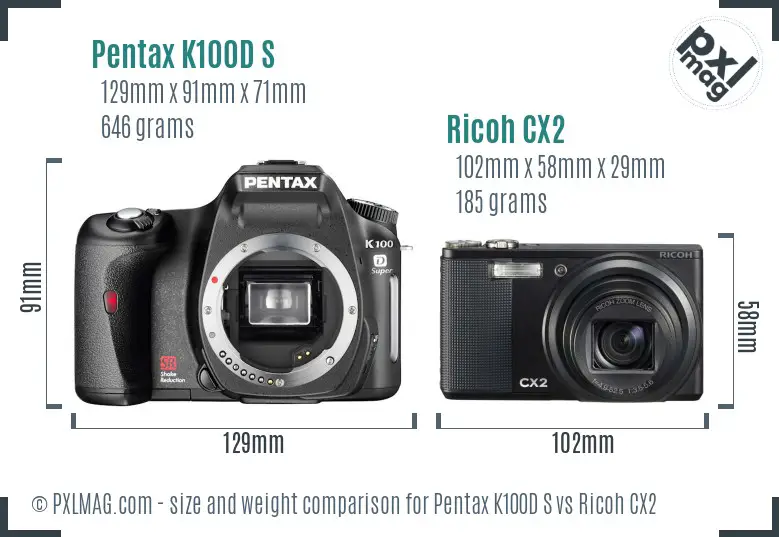 Pentax K100D S vs Ricoh CX2 size comparison