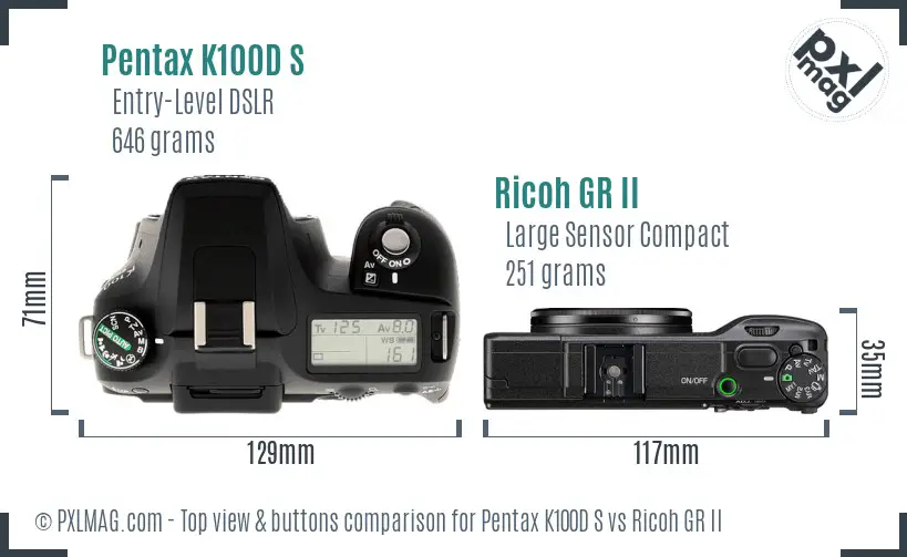 Pentax K100D S vs Ricoh GR II top view buttons comparison
