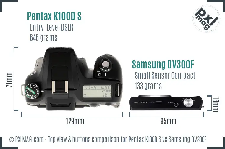 Pentax K100D S vs Samsung DV300F top view buttons comparison