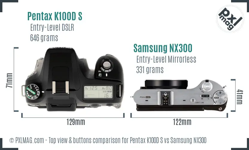 Pentax K100D S vs Samsung NX300 top view buttons comparison