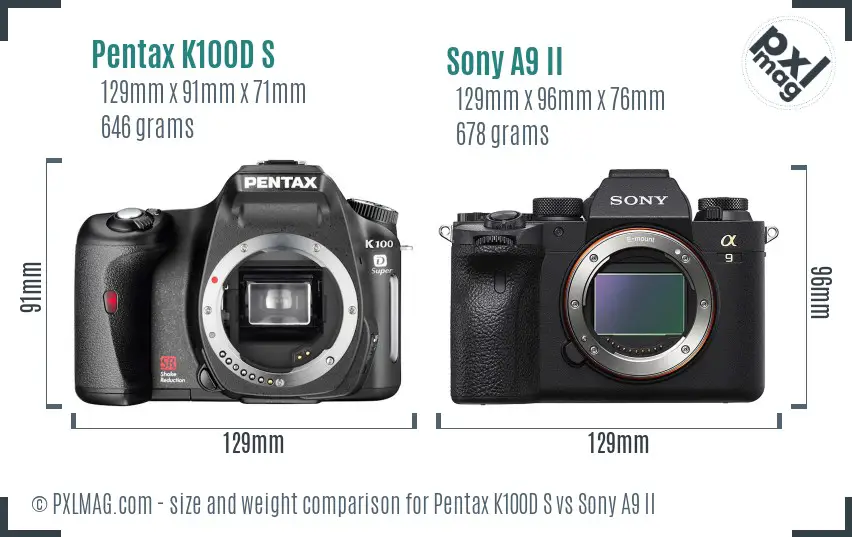 Pentax K100D S vs Sony A9 II size comparison