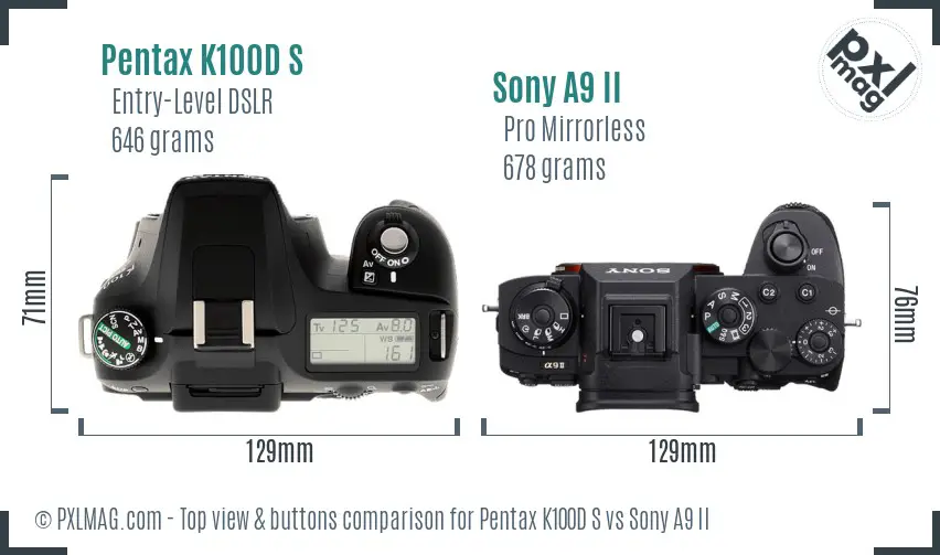 Pentax K100D S vs Sony A9 II top view buttons comparison