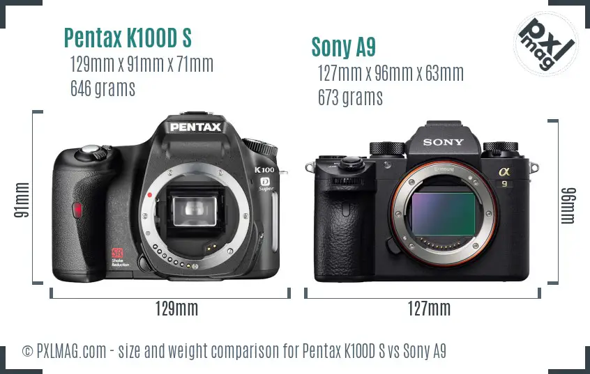 Pentax K100D S vs Sony A9 size comparison
