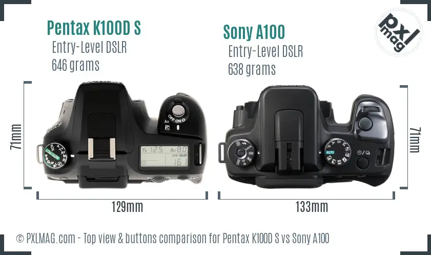 Pentax K100D S vs Sony A100 top view buttons comparison