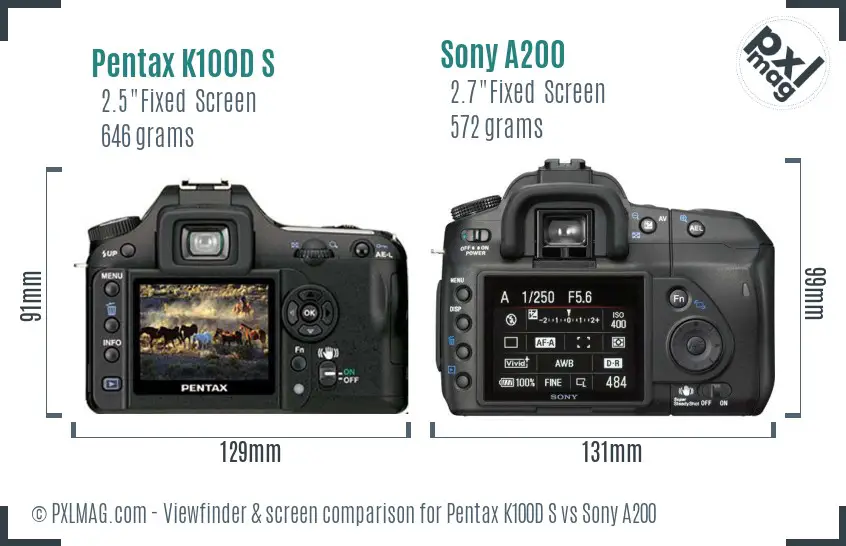 Pentax K100D S vs Sony A200 Screen and Viewfinder comparison