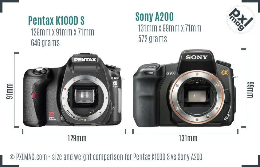 Pentax K100D S vs Sony A200 size comparison