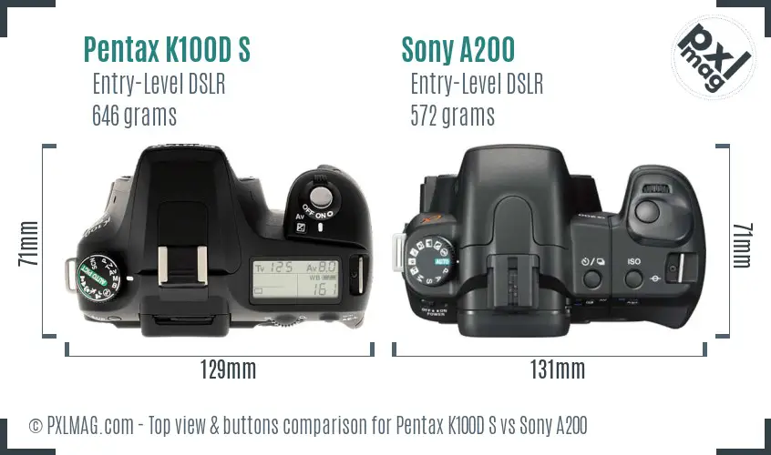 Pentax K100D S vs Sony A200 top view buttons comparison