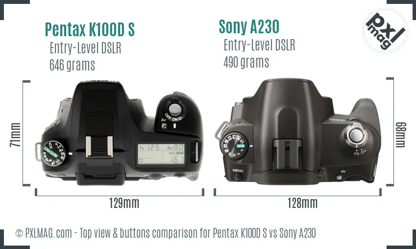 Pentax K100D S vs Sony A230 top view buttons comparison