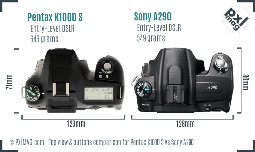 Pentax K100D S vs Sony A290 top view buttons comparison