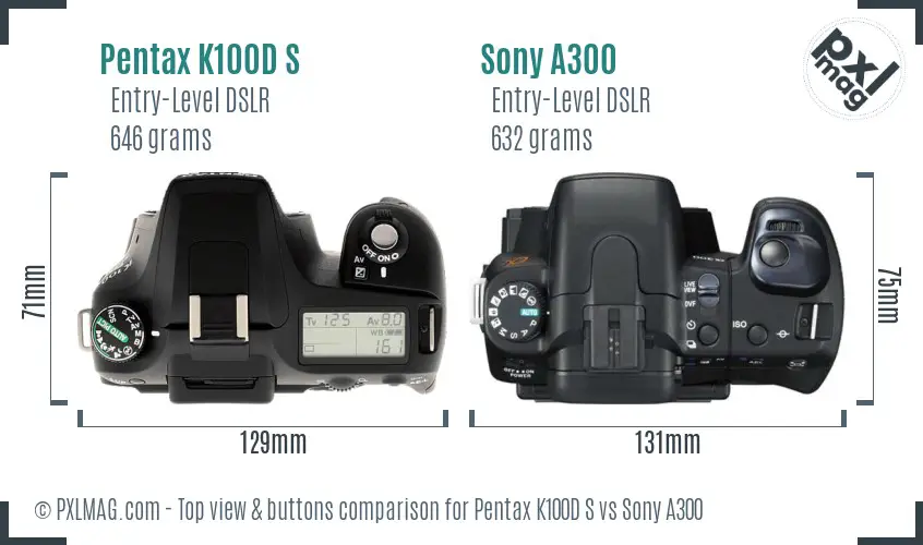 Pentax K100D S vs Sony A300 top view buttons comparison