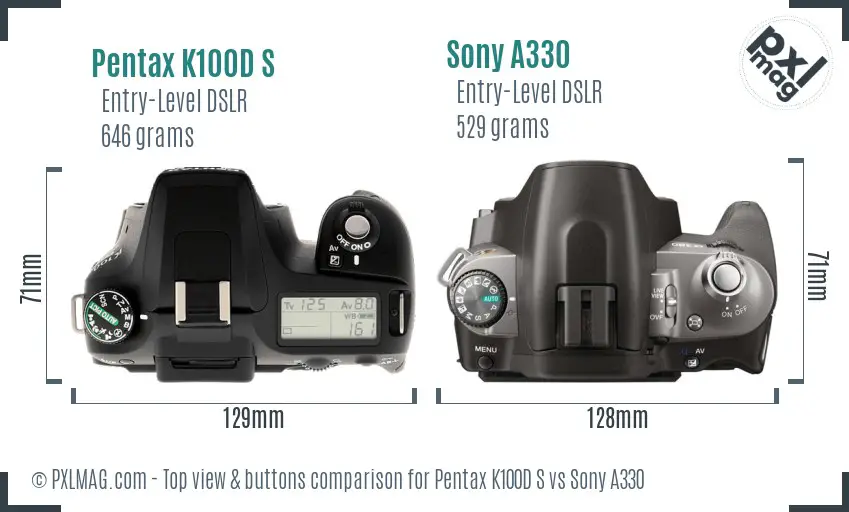 Pentax K100D S vs Sony A330 top view buttons comparison