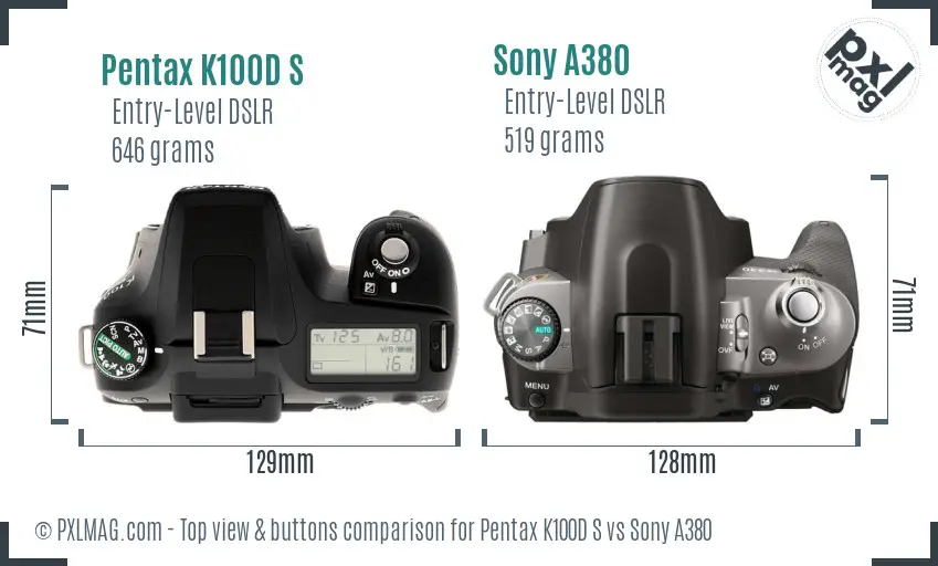 Pentax K100D S vs Sony A380 top view buttons comparison