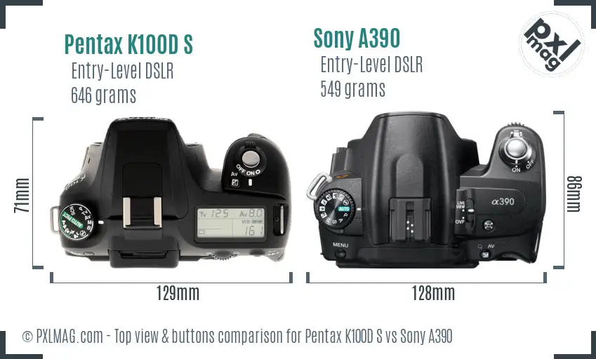 Pentax K100D S vs Sony A390 top view buttons comparison
