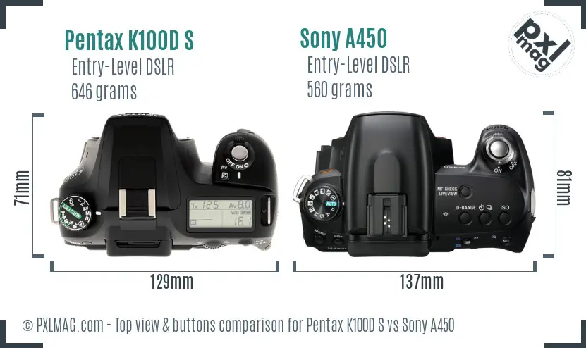 Pentax K100D S vs Sony A450 top view buttons comparison