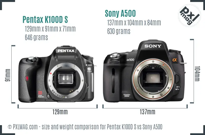 Pentax K100D S vs Sony A500 size comparison