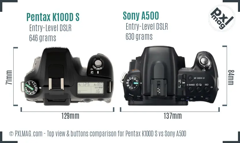 Pentax K100D S vs Sony A500 top view buttons comparison