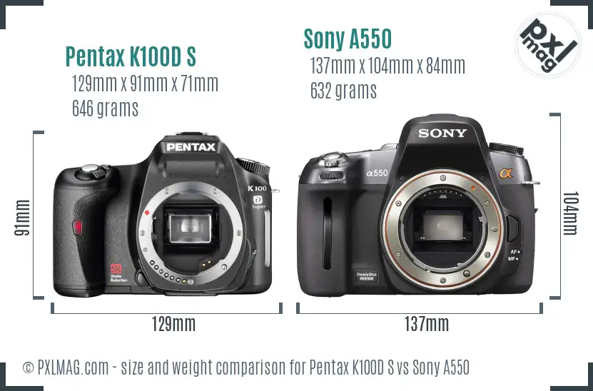 Pentax K100D S vs Sony A550 size comparison