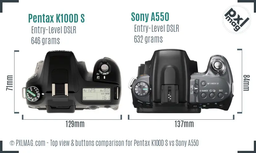 Pentax K100D S vs Sony A550 top view buttons comparison