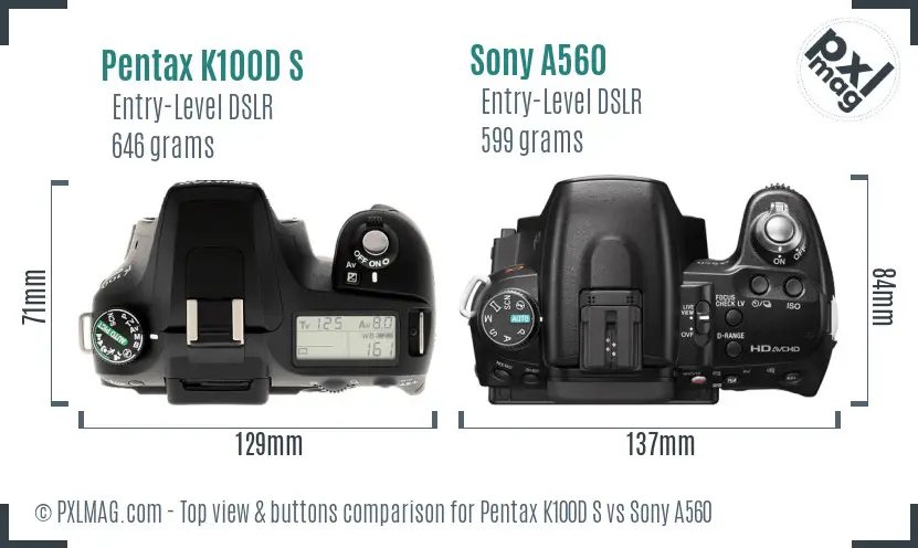 Pentax K100D S vs Sony A560 top view buttons comparison