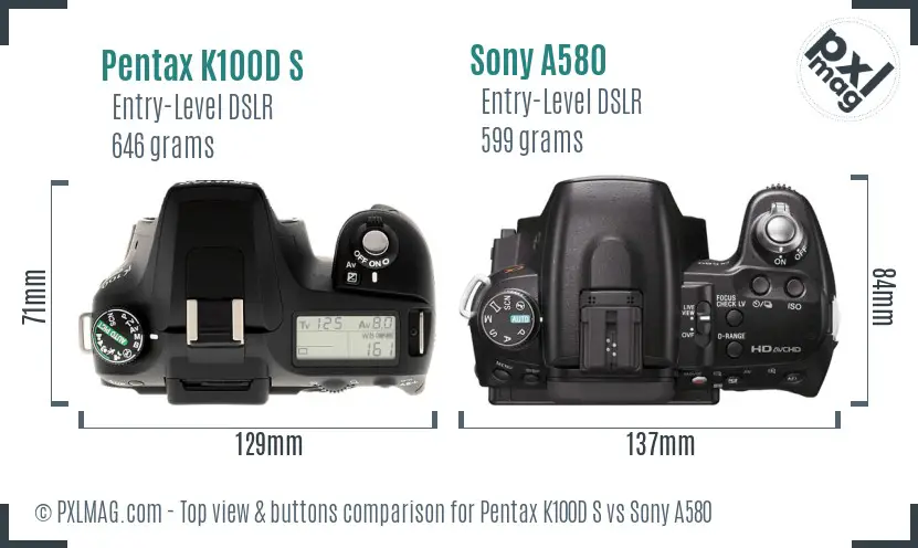 Pentax K100D S vs Sony A580 top view buttons comparison