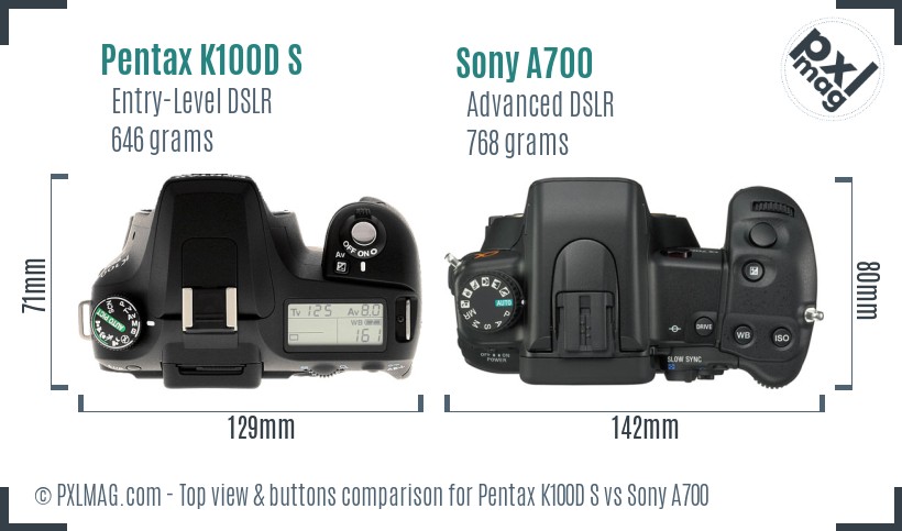 Pentax K100D S vs Sony A700 top view buttons comparison