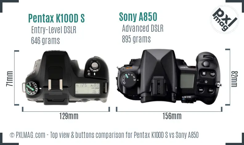 Pentax K100D S vs Sony A850 top view buttons comparison Pentax K100D S vs Sony A850 top view buttons comparison