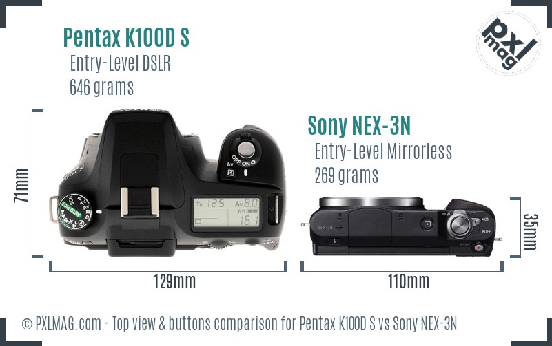 Pentax K100D S vs Sony NEX-3N top view buttons comparison