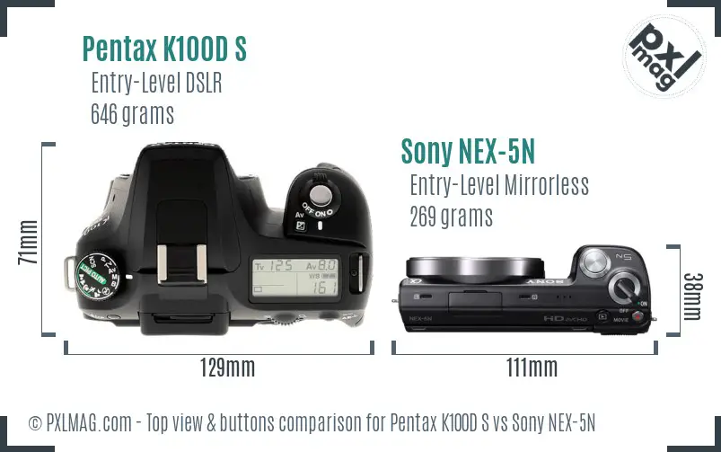 Pentax K100D S vs Sony NEX-5N top view buttons comparison