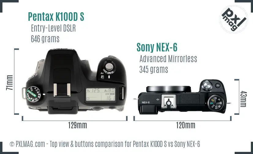 Pentax K100D S vs Sony NEX-6 top view buttons comparison Pentax K100D S vs Sony NEX-6 top view buttons comparison