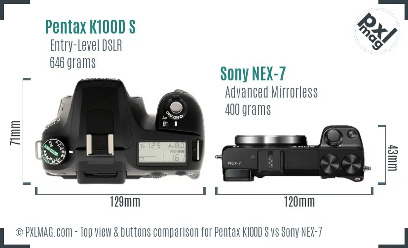 Pentax K100D S vs Sony NEX-7 top view buttons comparison Pentax K100D S vs Sony NEX-7 top view buttons comparison