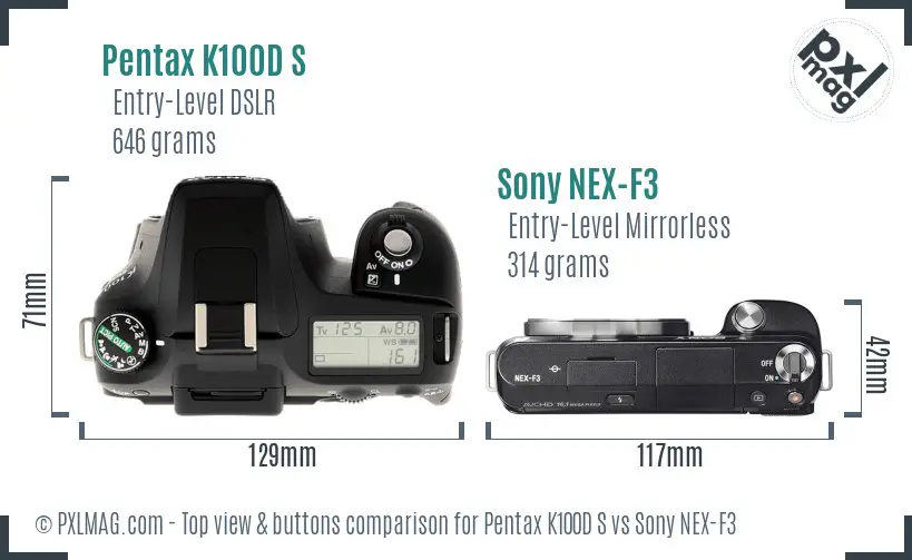 Pentax K100D S vs Sony NEX-F3 top view buttons comparison