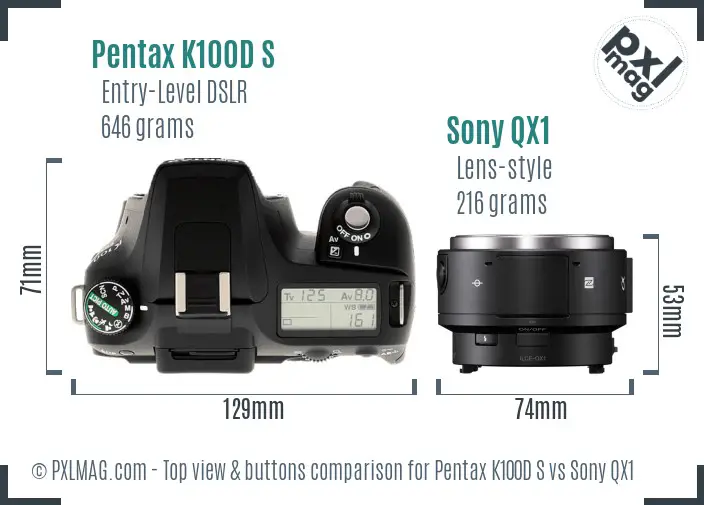 Pentax K100D S vs Sony QX1 top view buttons comparison