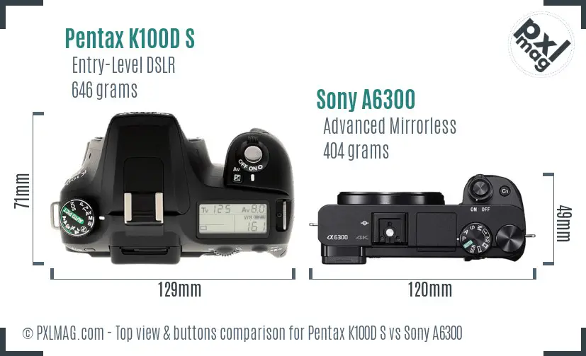 Pentax K100D S vs Sony A6300 top view buttons comparison