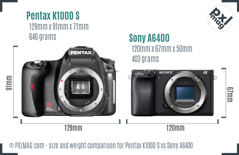 Pentax K100D S vs Sony A6400 size comparison
