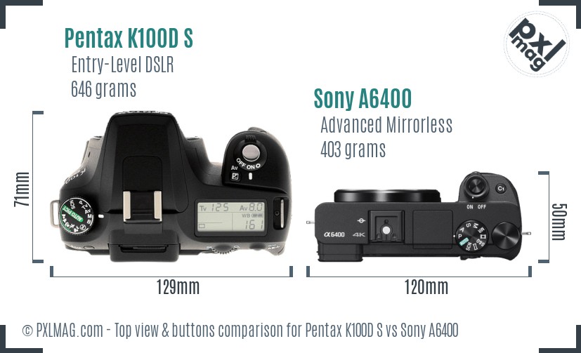 Pentax K100D S vs Sony A6400 top view buttons comparison