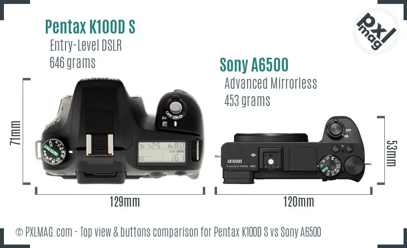 Pentax K100D S vs Sony A6500 top view buttons comparison