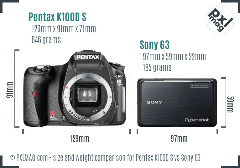 Pentax K100D S vs Sony G3 size comparison