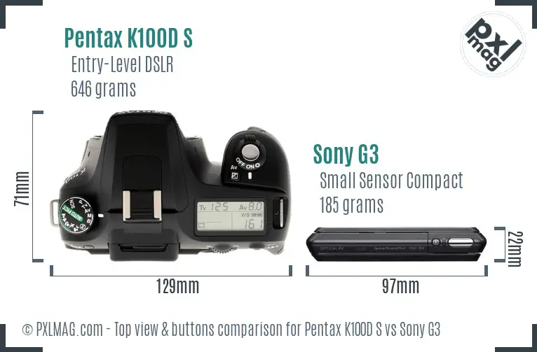 Pentax K100D S vs Sony G3 top view buttons comparison